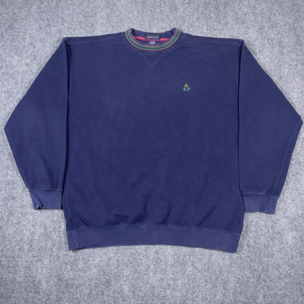 Gant Sweatshirt Mens XL Blue Vintage Crewneck Striped Collar Embroidered Logo